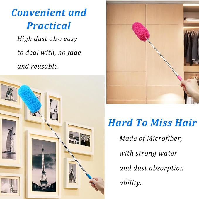 4 Pack Microfiber Feather Duster, with Extendable Pole and Bendable Head, Washable Microfibre Cleaning Tool for Cleaning Office, Car, Computer, Furniture, Sofa, Photo Frame