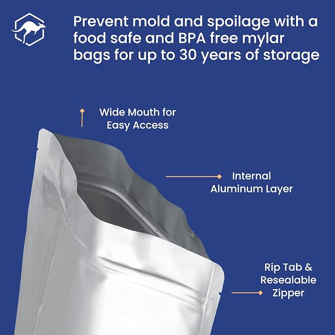Wallaby 50 Count 2-Quart Gusset Mylar Bags with Labels, 14 Mil Total Thickness Long-Term Food Storage Pouches, 12x8 Stand-Up Zipper Heat-Sealable Airtight Packaging - Silver