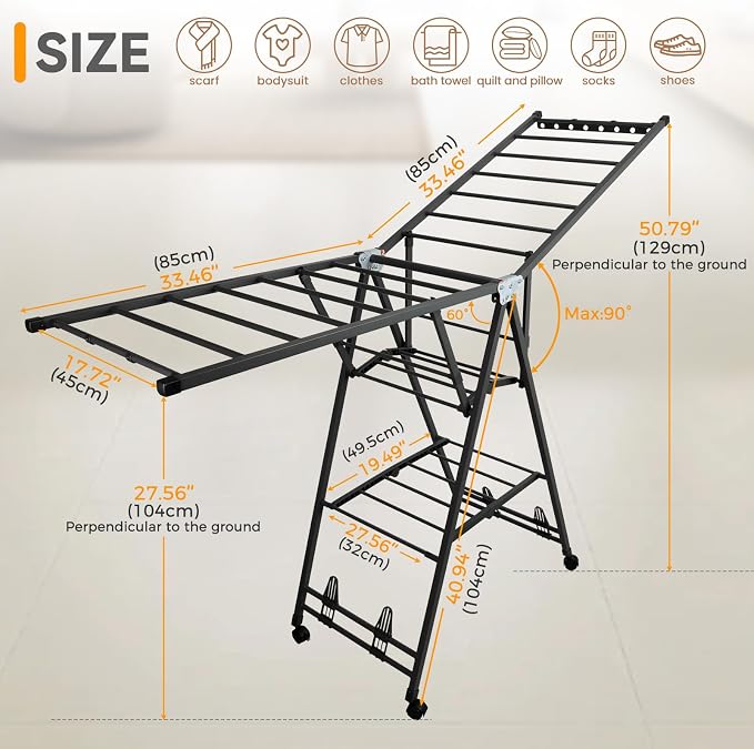 Clothes Rack, 2-Tier Drying Hanger, for 20 Pieces+, Foldable and Space Saving, Portable, Indoor or Outdoor Use, Solid Metal Clotheshorse, Nice for Mum, Gray(1.7 m Wing Length)