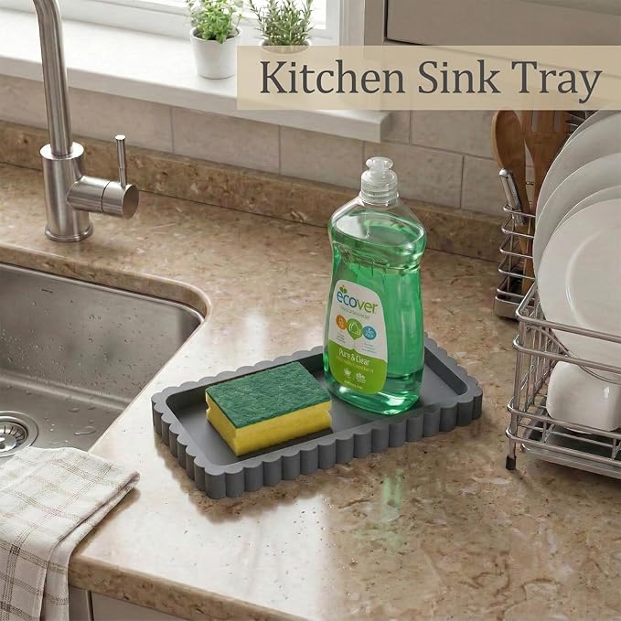 Small Silicone Bathroom Vanity Tray, Sink Caddy for Dish Soap Dispenser, Sponge Holder for Kitchen Sink, Rectangle Bathroom Countertop Organizer for Perfume, Jewelry, Candle (7.9” * 4”, Dark Grey)