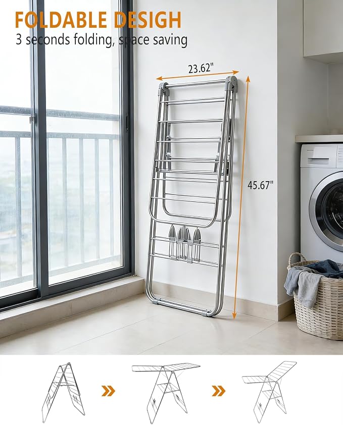 Clothes Drying Rack Foldable -Height Adjustable Laundry Drying Rack Large Space, Winged Laundry Rack with Sock Clips for Hanging Towels Clothes Dress Bedding Indoor Outdoor, Gray