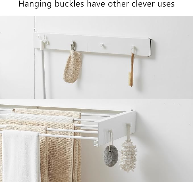 RFOUO Wall Mounted Clothes Drying Rack,White 31.5" with Hooks | Foldable,Space saver Drying Rack for Laundry Balcony Bathroom, 5 Aluminum Rods, 60 lb Capacity