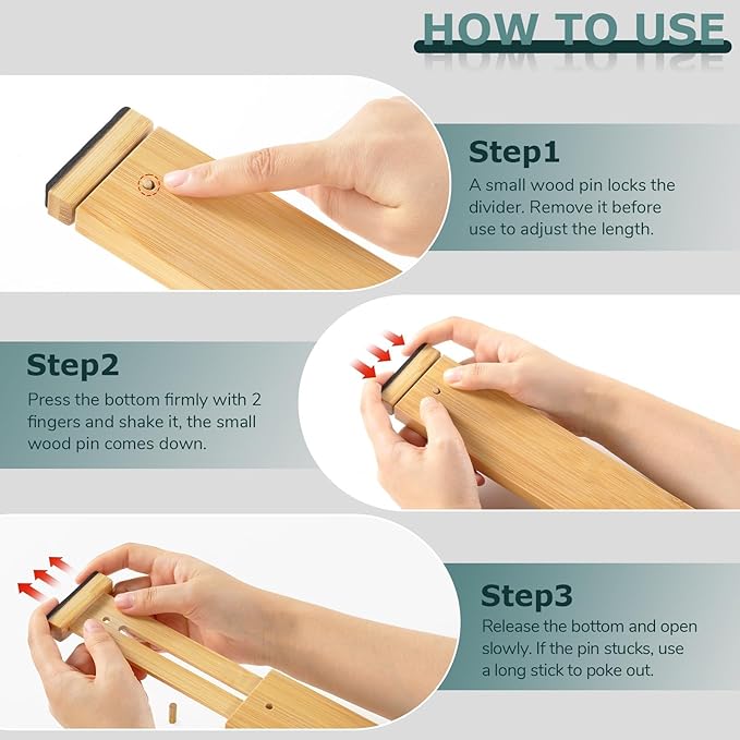 Lzerking Kitchen Drawer Dividers 4 Pack Adjustable Bamboo Drawer Organizer | 17-22" Adjustable, Spring Loaded, Expandable Utensil Organizer, Works in Kitchen, Dresser, Bathroom, Bedroom, Closet