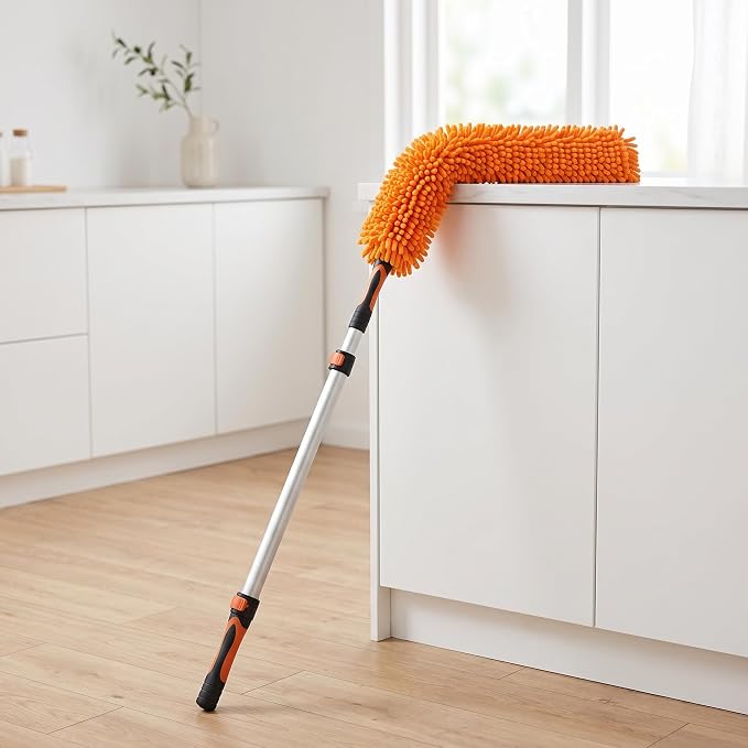 Chenille Duster with Bendable Head – Washable Ceiling Fan Duster for High Ceilings, Blinds, and Furniture – Universal Thread Fit for Easy Cleaning, Orange