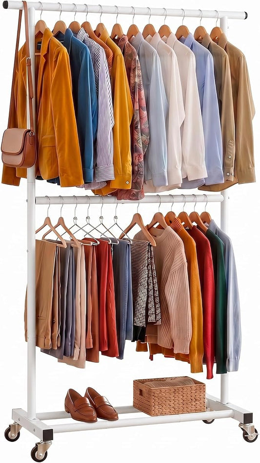 Sywhitta Double Rod Clothing Garment Rack, Rolling Clothes Organizer on Wheels for Hanging Clothes, Easy to Assemble, Adjustable, White