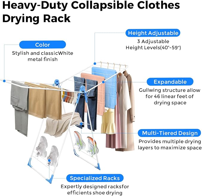 Foldable Gullwing Clothes Drying Rack Free Standing Indoor Outdoor Airer | Height Adjustable Wings Large Laundry Airer with Shoe Rack for Balcony Laundry Room