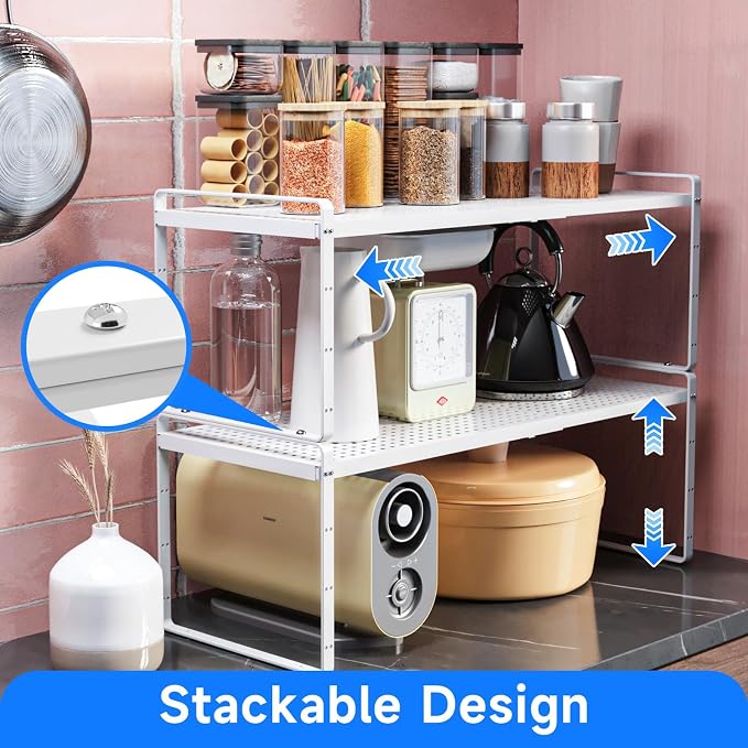 Expandable Cabinet Shelf Organizers, Kitchen Small Stand Rack Organization for Countertop Cupborad Pantry Desktop Spice Rack, White 1 Pack