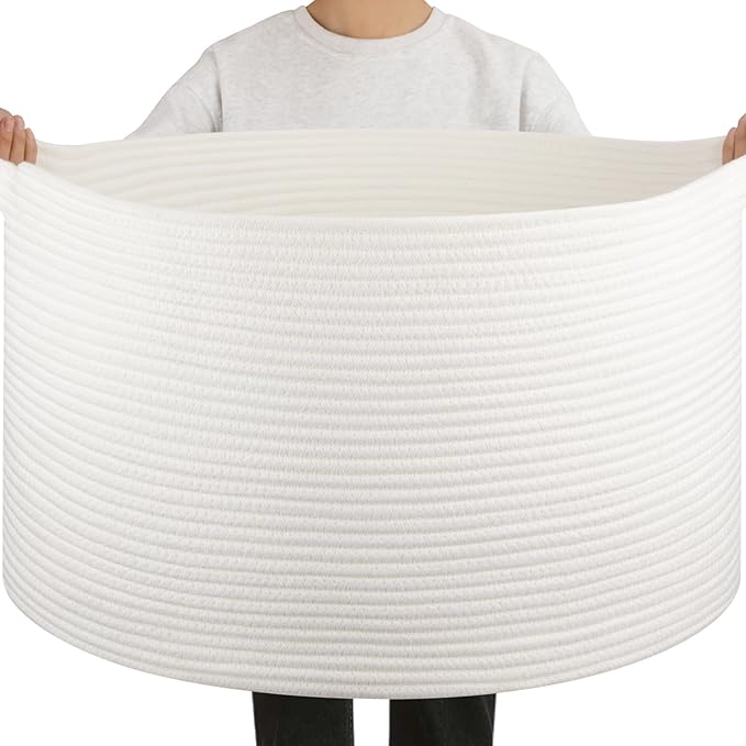 OIAHOMY 90L Extra Large Blanket Basket - Decorative Cotton Rope Storage Basket for Bedroom, Living Room & Nursery - Woven Laundry Hamper for Organizing Blankets, Clothes & Toys - White