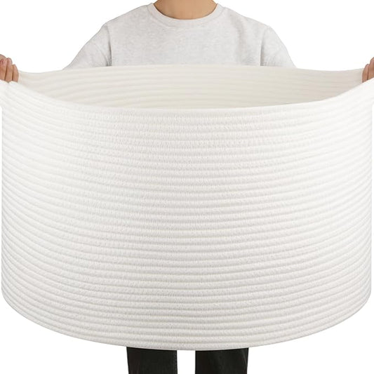OIAHOMY 90L Extra Large Blanket Basket - Decorative Cotton Rope Storage Basket for Bedroom, Living Room & Nursery - Woven Laundry Hamper for Organizing Blankets, Clothes & Toys - White