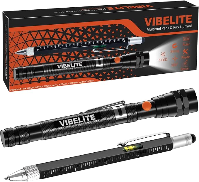 VIBELITE Magnetic Pickup Tool & 6 in 1 Multitool Pen, 2 Pack | Touch Screen Stylus, Rulers, Bubble Level, Flathead & Phillips Screwdriver, Ballpoint Pen
