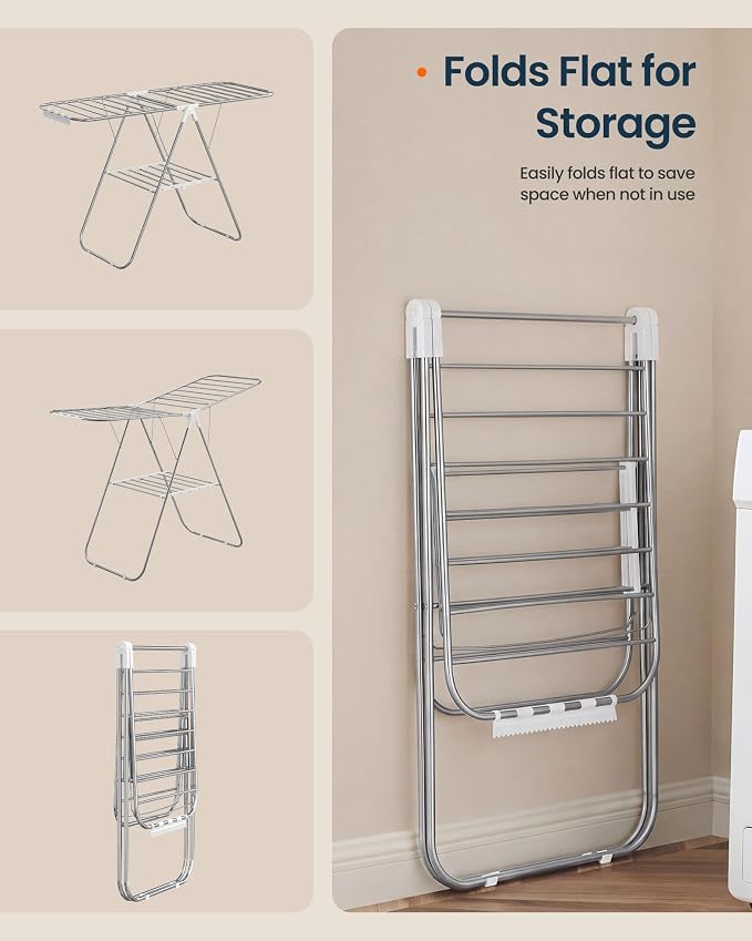 SONGMICS HOME Clothes Drying Rack with Wings, Foldable Laundry Rack with Sock Clips, Drying Clothes, Adjustable Height Airer for Indoor Outdoor Use, Silver and White