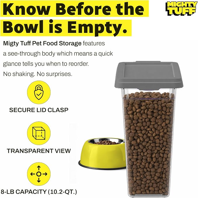 Mighty Tuff 8 lb Dog Food Container with Secure Lid Clasp, Airtight Cat Food Bin, Clear Plastic Pet Food Storage Container with Lid for Kitchen Pantry Organization