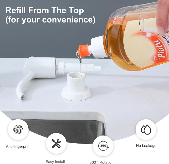 Soap Dispenser for Kitchen Sink, Kitchen Sink Soap Dispenser with 17 Ounce Large Pet Soap Bottle, in Sink Soap Dispenser Refill from The Top, White