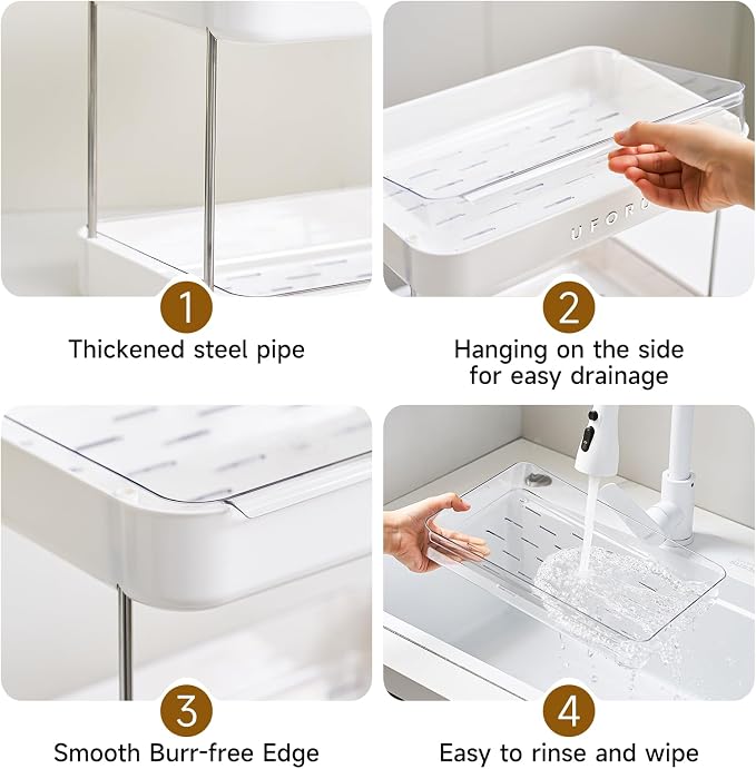 UFORU Countertop Coffee Station Organizer,Cup Rack,Mug & Wine Glass Holder | 2-Tier White Mug Shelf With Removable Drain Tray,Bathroom Countertop Organizer,Spice Rack for Kitchen