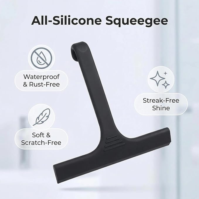 Silicone Shower Squeegee - All-in-One Design with Built-in Hook, 10 Inch Streak-Free Bathroom and car Cleaner for Glass Doors, Mirrors, Windows, Tiles Black
