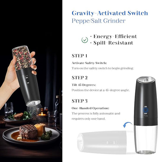 UNNEES Rechargeable Electric Salt and Pepper Grinder Set, Gravity Activated, Adjustable Coarseness, LED Light, USB Charging, Ceramic Core, 150ml Transparent Hopper, Black