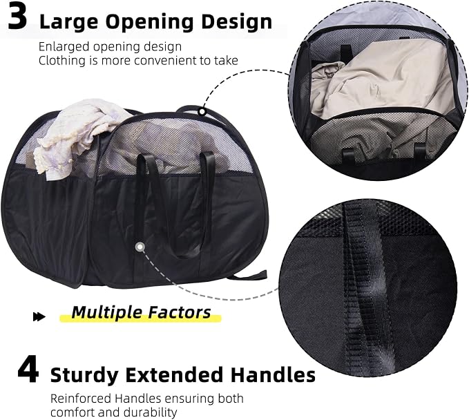 Collapsible Laundry Basket, 90L Tear Proof Mesh Pop-up Hamper | Foldable Storage Clothes Bag with Reinforced Handles for Bathroom, Kids Room, Dorm, Travel, Camping, Space-saving, Black