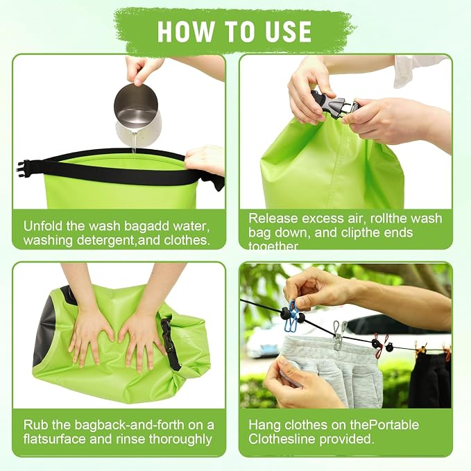 Portable Hand Wash Bag with Retractable Clothesline: manual washing machine, durable waterproof design for traveling