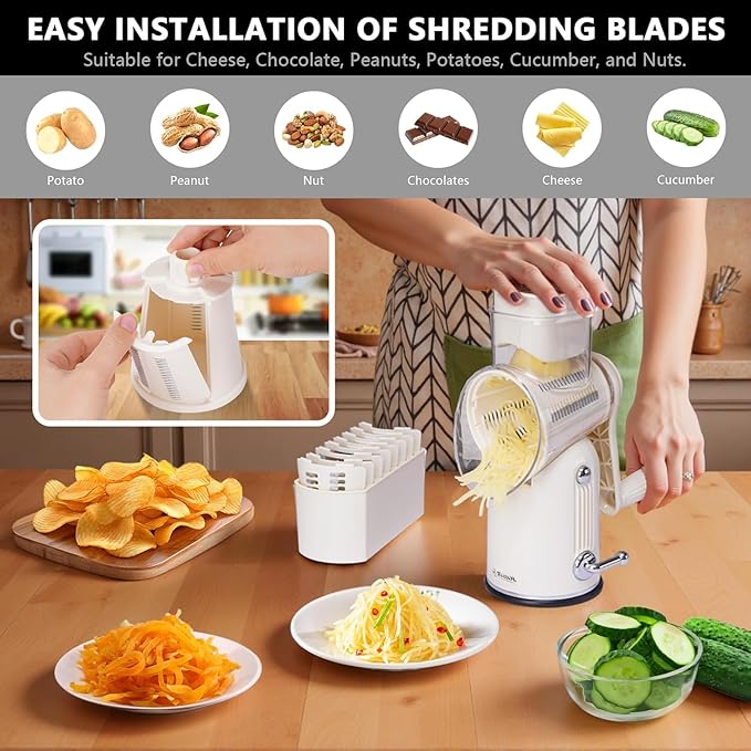 Rotary Cheese Grater with Handle – Includes 5 Stainless Blades and Feature Strong Suction Base – Easy to Clean, Cheese Shredder Hand Crank, Multi-Purpose Slicer (White)