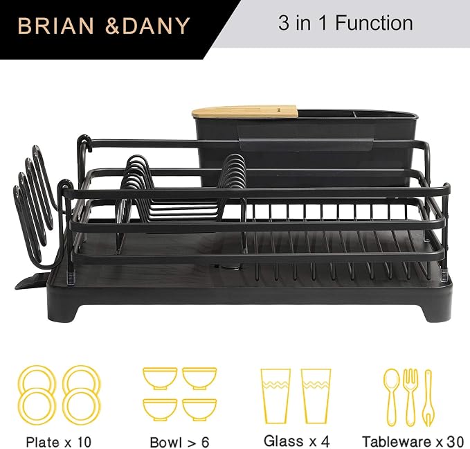BRIAN & DANY Aluminum Dish Drying Rack, Dish Racks for Kitchen Counter, Dish Drainer with Removable Cutlery Holder & Cup Holder, 16.5" L x 11.8" W, Black