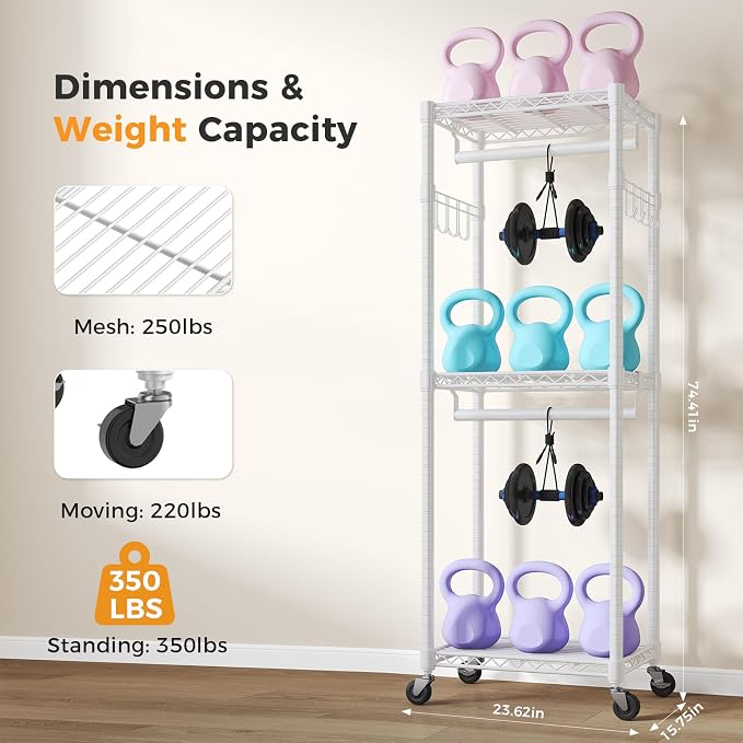 NEWBULIG Heavy Duty Clothing Rack with Wheels, 3-Tier Adjustable Wire Garment Rack, Metal Freestanding Closet Organizer System with Double Hanging Rods & 8 Side Hooks, 23" x 15" x 75", White
