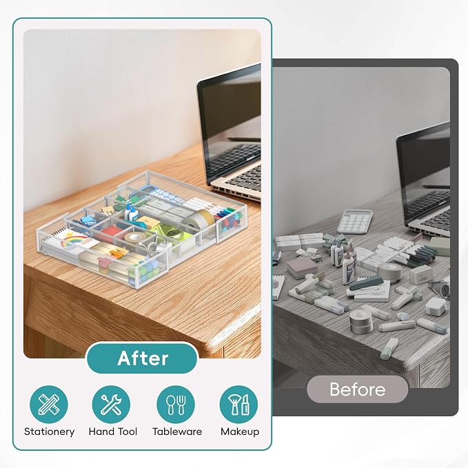Expandable Desk Drawer Organizer, 10 Adjustable Compartments, White | Metal mesh drawer organizer tray with 5 removable dividers, expands from 8.74 to 16 in for office supplies, makeup or tools