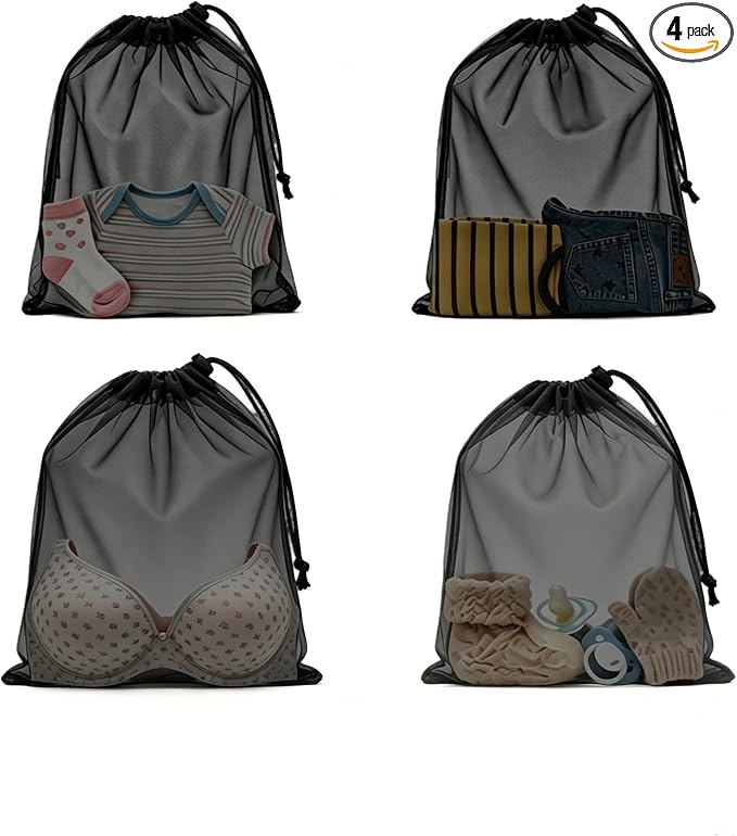 4 Pack Mesh Travel Laundry Bag 12" x 16"Extra Large Dirty Clothes Organizer | Machine Washable Dirty Clothes Organizer with Drawstring and ID Tag, Large Enough to Laundry Essentials forTravel