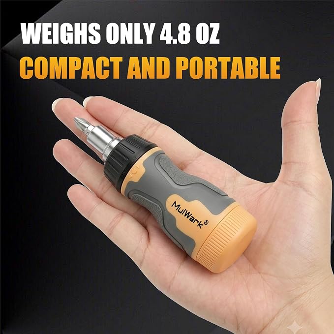 MulWark 7-in-1 Stubby Ratcheting Screwdriver, Small Screwdriver with Magnetic, Multi-bit Stubby Screw driver with S2 Steel Phillips Slotted Torx Bits in Handle, Compact Tool for Tight Spaces