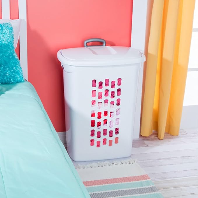 Sterilite Ultra Wheeled Hamper, Laundry Basket w/Flip-Top Lid, 6-Pack | Plastic Rolling Clothes Storage Cart with Retractable Handle & Ventilated Holes for Home, Apartment or Dorm