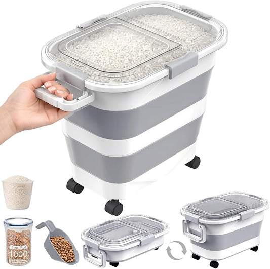 30 Lbs Rice Storage Container with Wheels, Collapsible Airtight Dog Food Storage Container with Transparent Lid, Measuring Cup, Scoop, Handle, BPA Free Rice Holder for Pet Food, Grain, Bird Seed