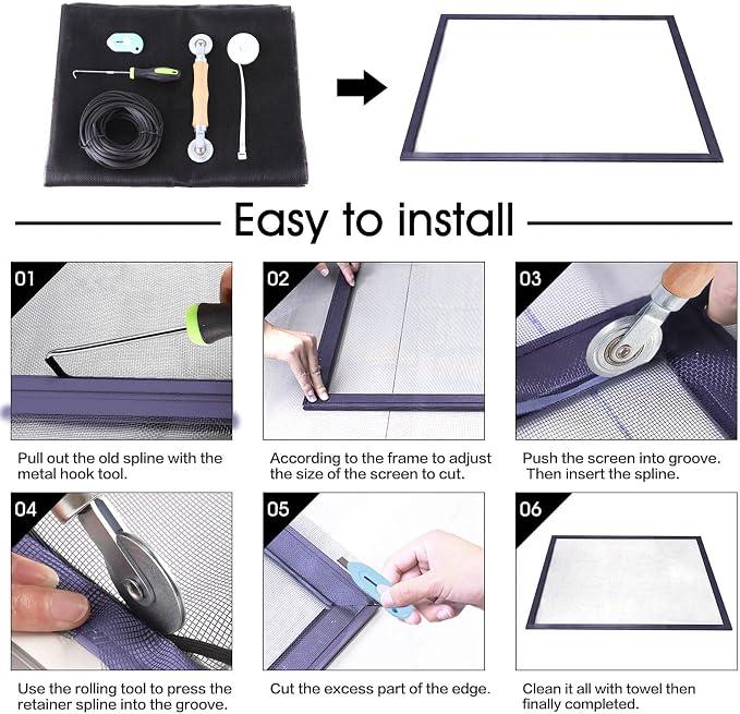 Windows Screen and Screen Door Repair Kit, 48"x118" Charcoal Fiberglass Mesh with Rolling Tool/Hook/Ruler/Cutter/Spline - Window Screen & Sliding Screen Door Replacement for Windows, TOOLTRIZ