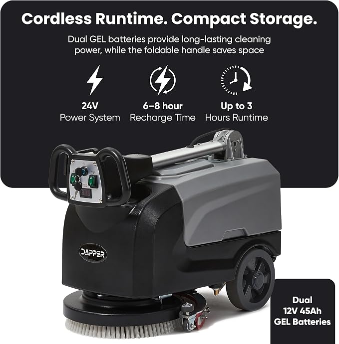 Battery Powered Walk Behind Floor Scrubber Buffer Polisher Machine with Foldable Handle 15 inch Brush 19 inch Squeegee Width 4.5 gal Tank Includes a Hard Brush and 3 Scouring pads