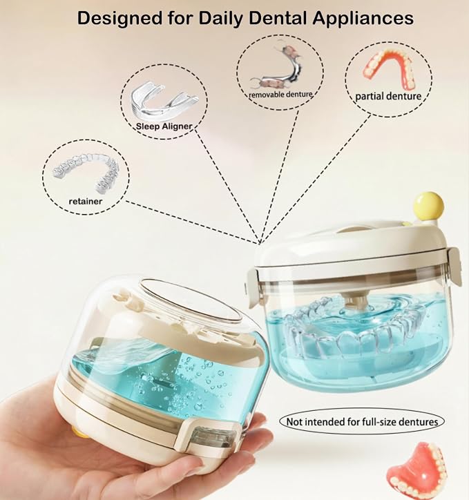 Denture Bath Cup，Retainer Cleaner Case Box,Night Mouth Guard Case Holder,Storage Soak Container with Drain Tray for Travel Cleaning with Mirror and Brush (Beige)
