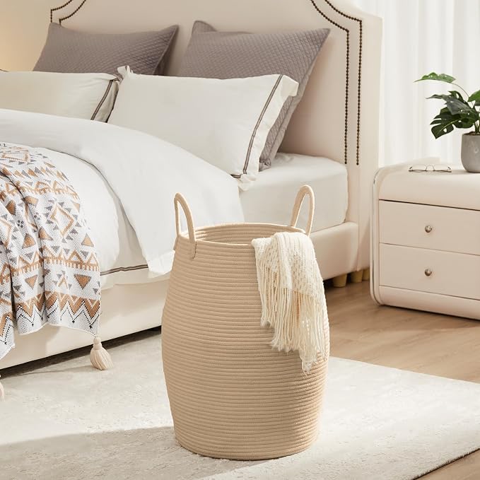 Large Laundry Hamper Basket 65L Woven Blanket Basket, Brown | Tall Clothes Hamper, Rope Wicker Laundry Basket, Storage Basket for Toys, Dirty Cothes in Bedroom, Living Room Organizer