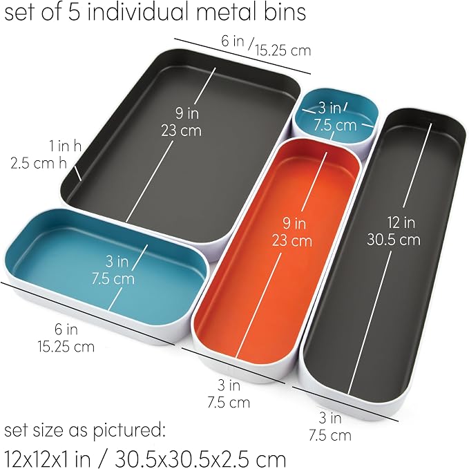 Three by Three Seattle Metal Drawer Organizer Tray Set, 5-Pc, 1" (Gray Mix) | Colorful 1" metal bins; food-safe; soft non-scratch base; kitchen, bathroom, vanity, desk & office drawers
