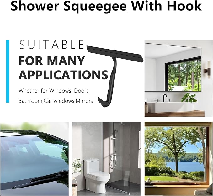 Shower Squeegee for Glass Doors, All-One-Piece Winning - Silicone Squeegee | Squeegee with Built-in Hook for Shower Glass,Bathroom, Window, Mirror, Tile Wall,Car, Streak-Free Cleaner Tool,10-Inch,Black