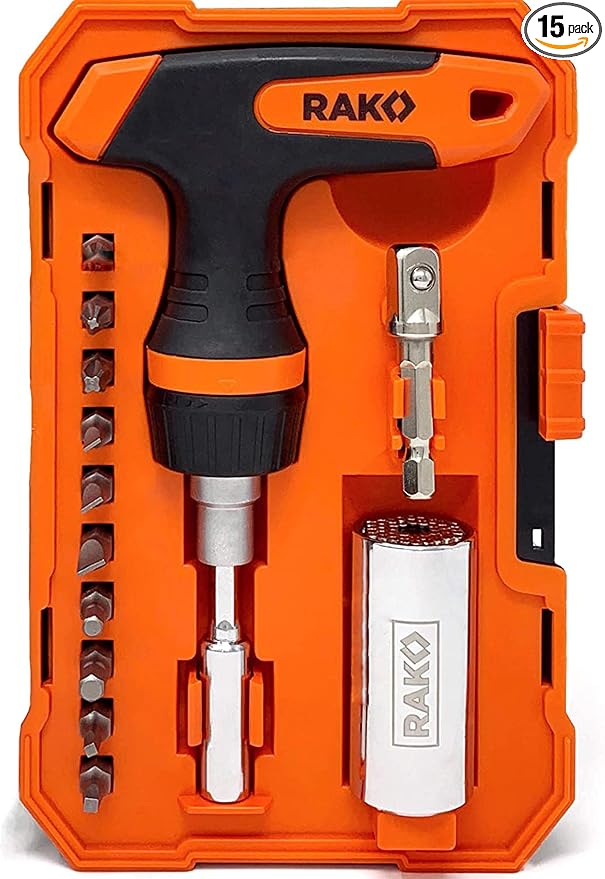 RAK Universal Socket Tool - Birthday Gifts for Men - Set of 15, 1/4-to-3/4-inch Wrench Grip, T-Handle Ratchet Driver, 10 Screwdriver Bits - Gifts for men, Husband, Handyman