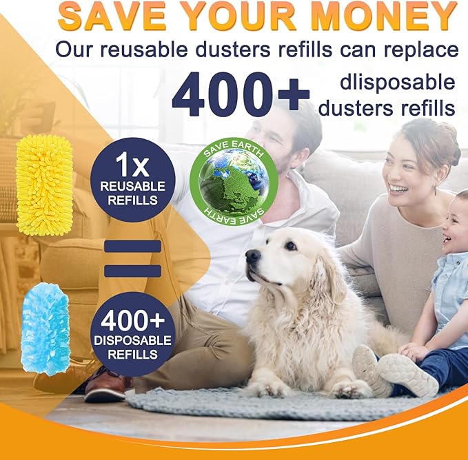KeFanta Reusable Duster Refill for Swiffer, 8Pcs with 1 Handle | 360° Heavy Duty Duster Refills , Washable Microfiber Dusters for Cleaning