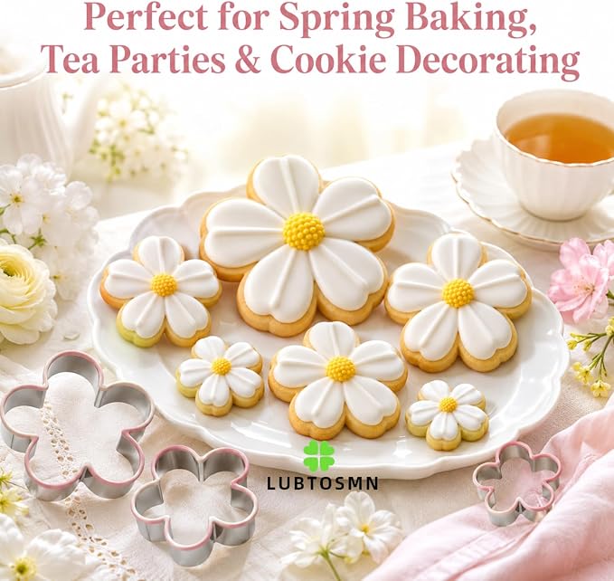 LUBTOSMN 6 Piece Flower Cookie Cutters Set, Silicone Rim Baking Set | Dishwasher-safe stainless steel cutters from 1" to 4" for cookies, fondant, sandwiches, party treats and family baking