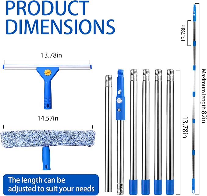 Professional Window Cleaning Kit, 82" Long Handle Window Long Handle Window Squeegee and Microfiber Scrubber, Suitable for Professional Window Cleaning in Cars, Outdoors, Homes and Businesses