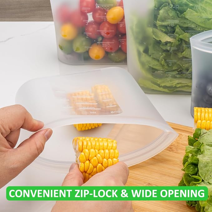 100% Platinum Silicone Reusable Storage Bags, 12 Pack, Premium Silicone Food Storage Bag Stand-Up Wide-Mouth Zip-Lock, Microwave Dishwasher Safe, 4 M + 4 S + 4 XS, Crystal-Clear