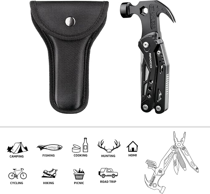 15-in-1 Multi-Tool Claw Hammer Pliers, Rigid Pouch | Screwdrivers,File,Camping Household Garden Tools,Gift for Men