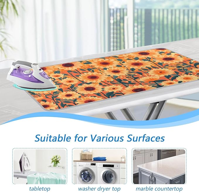 Orange Sunflowers and Poppy Flowers Ironing Mat Portable Ironing Pad Blanket with Silicone Iron Rest for Table Top Travel Heat Resistant Double-Side Using Large 47x28 Inch Foldable