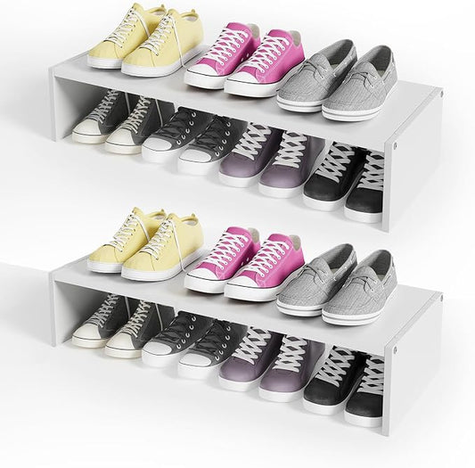 Cidaziya 2 Pack Expandable 1 Tier Shoe Rack for Shoe Cabinet, 1 Tier Stackable White Shoe Shelf Organizer for Closet, Sturdy Metal and Wood Structure, Hold 12-16 Pairs of Shoes