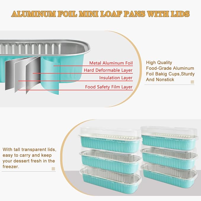 50 Pack Mini Cake Pans with Lids and Spoons, Mini Loaf Baking Pans 6.8oz, Small Disposable Aluminum Foil Loaf Pans, Rectangular Baking Containers for Party and Picnics, Cheesecake Pans (Blue)