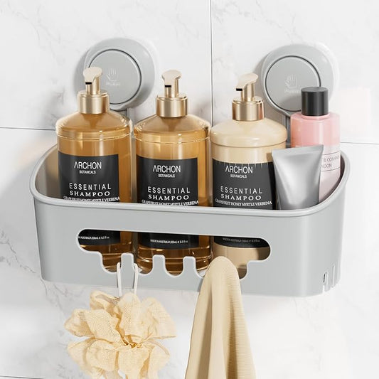 LEVERLOC Shower Caddy Suction Cup Shower Organizer Bathroom Storage Removable Powerful Suction Shower Shelf, Gray
