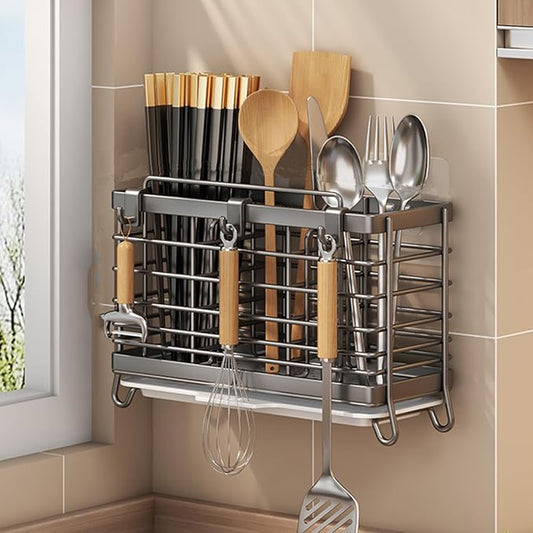 Stainless Steel Utensil Holder, Countertop Drying Rack with Drain Tray & Towel Bar, Space Saving Kitchen Organizer(Gray)