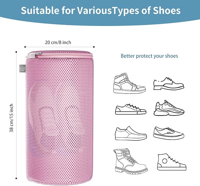 Shoe Washing Machine Bag, Laundry Bag for Sneaker, Pink, 8x15, 2Pcs | Shoe Washing Bag for Footwear, Trainers, Tennis, Slippers, Building Blocks, Sandwish Mesh, Travel, Divided, Prevent Tangling