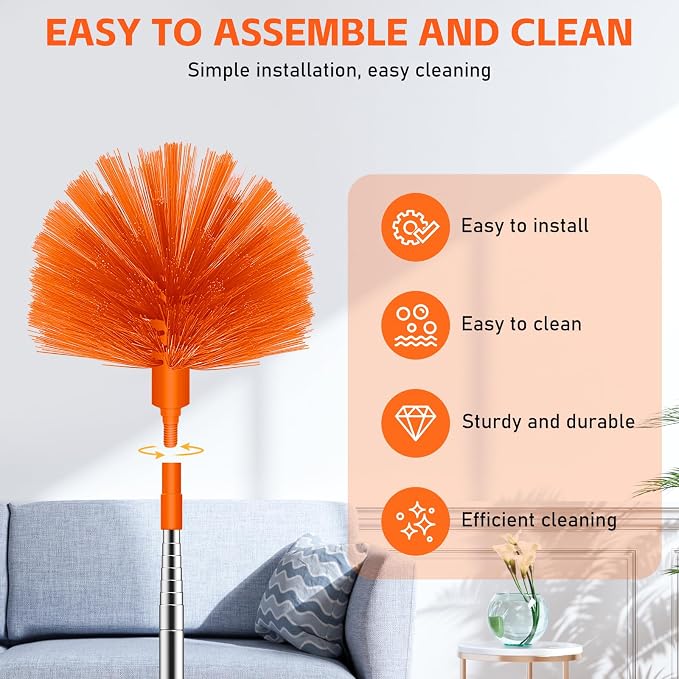 SetSail Cobweb Duster with Extension Pole, for Cobweb Cleaning, Orange | Retractable, 90-inch Long Handle, Spider Web Brush, for Outdoor Indoor High Ceilings Fan