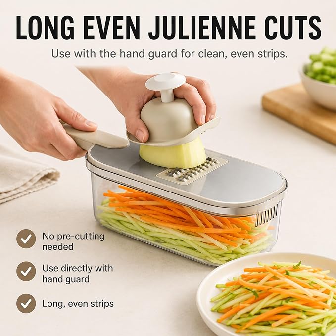 Mandoline Slicer, Vegetable Cutter, Container, Glove & Guard, 6-Blade | Six interchangeable inserts deliver 1.5mm and 3mm sheets, 3mm and 5mm julienne, wavy edges, plus grated textures for recipes.